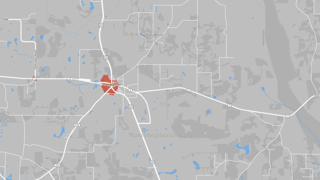 Walk Grade map of 32426, FL, walkable areas in green and car-dependent areas in red
