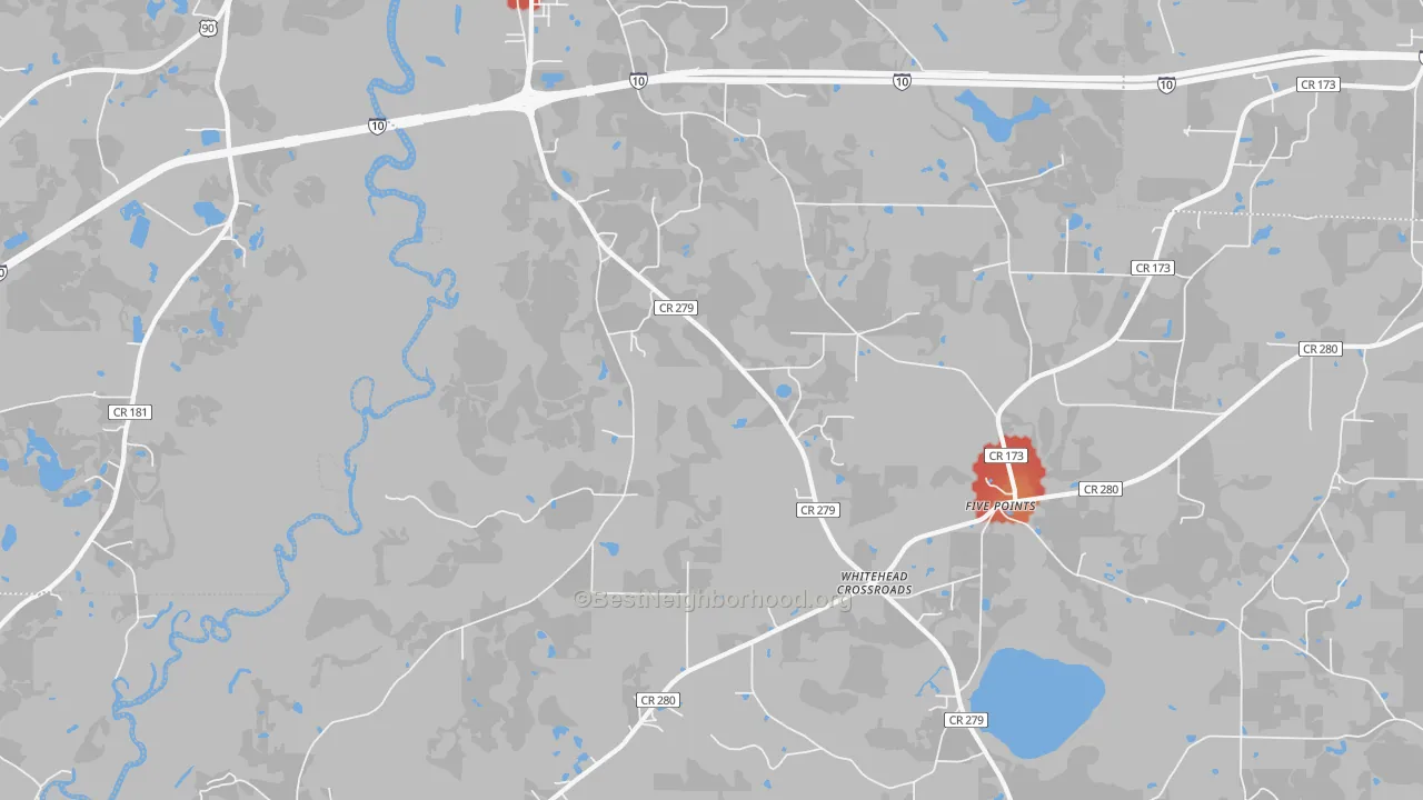 Walk Grade map of 32427, FL, walkable areas in green and car-dependent areas in red