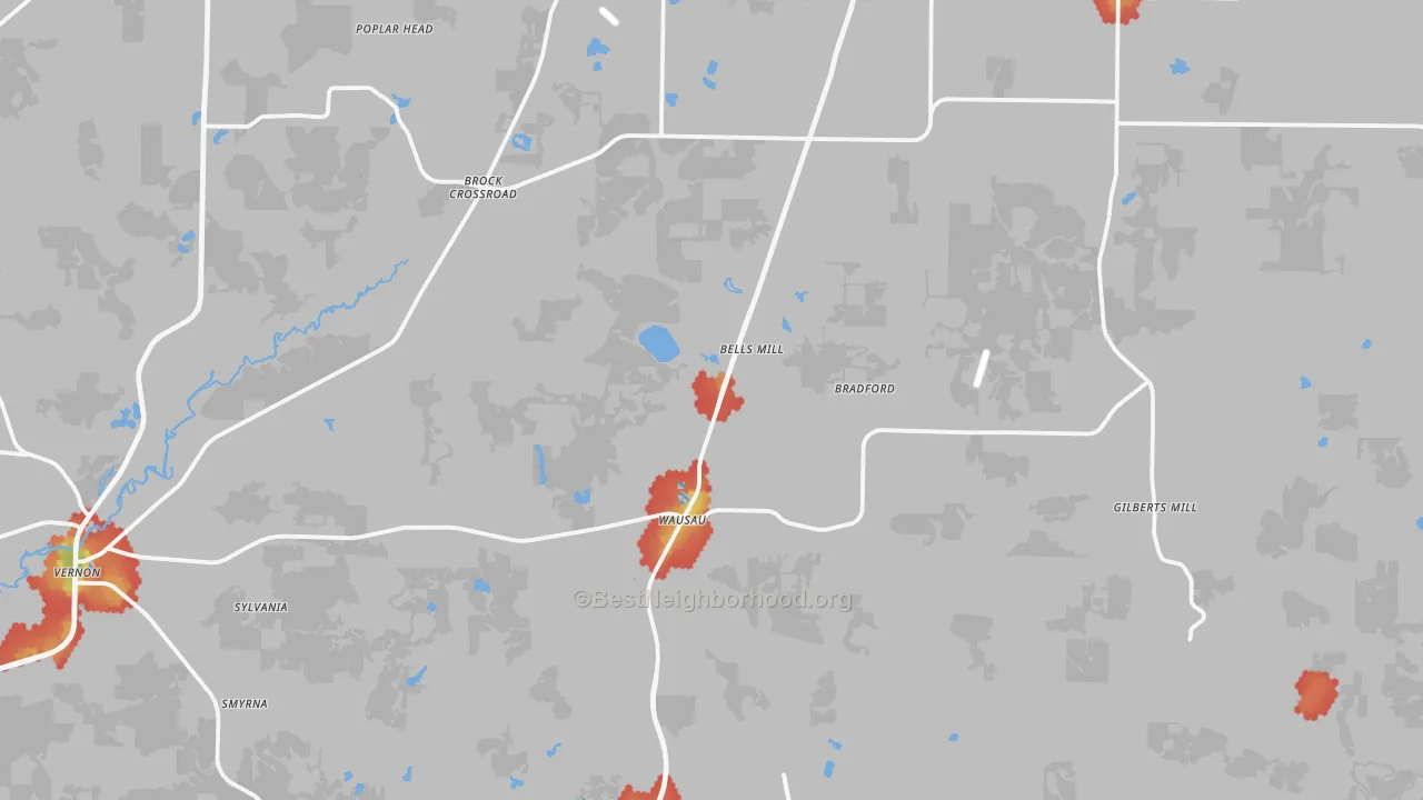 Walk Grade map of 32428, FL, walkable areas in green and car-dependent areas in red