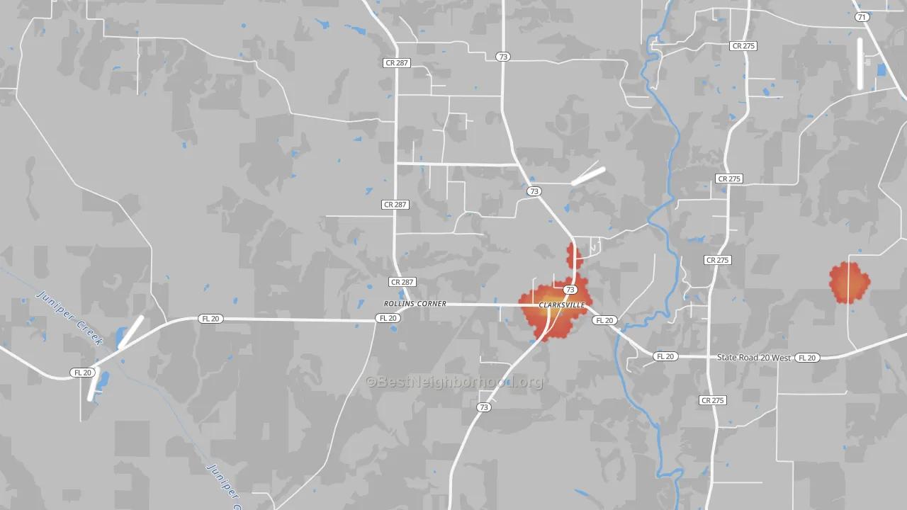 Walk Grade map of 32430, FL, walkable areas in green and car-dependent areas in red