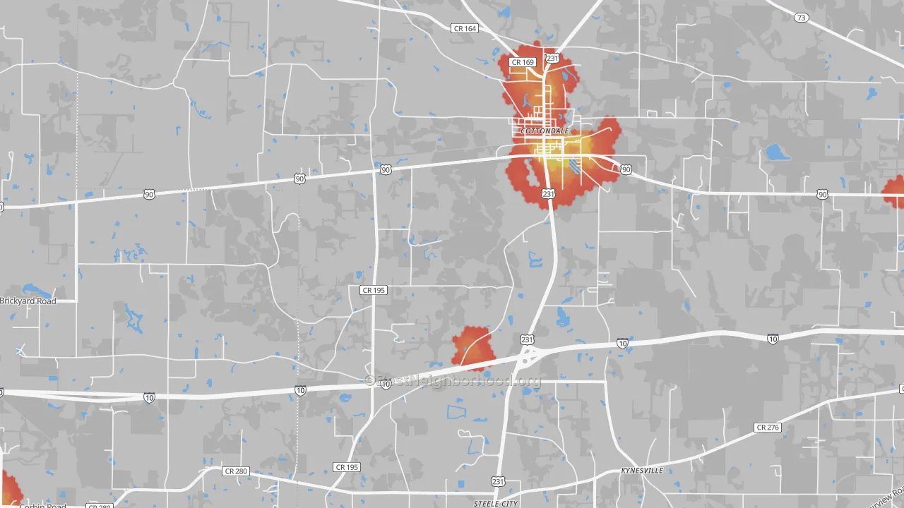 Walk Grade map of 32431, FL, walkable areas in green and car-dependent areas in red