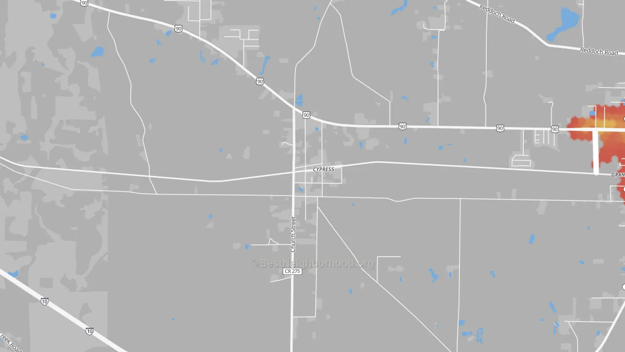 Walk Grade map of 32432, FL, walkable areas in green and car-dependent areas in red