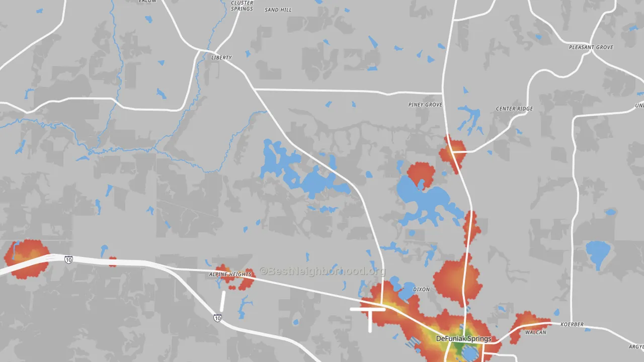 Walk Grade map of 32433, FL, walkable areas in green and car-dependent areas in red