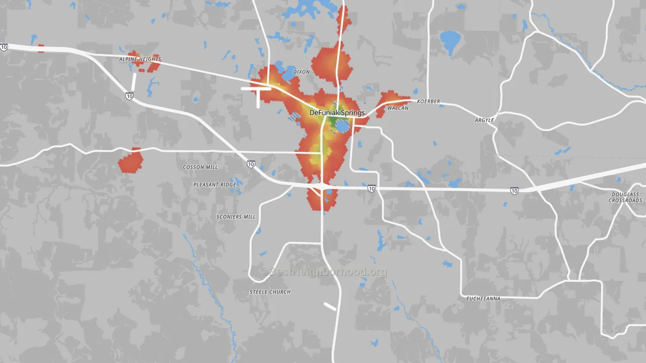 Walk Grade map of 32435, FL, walkable areas in green and car-dependent areas in red