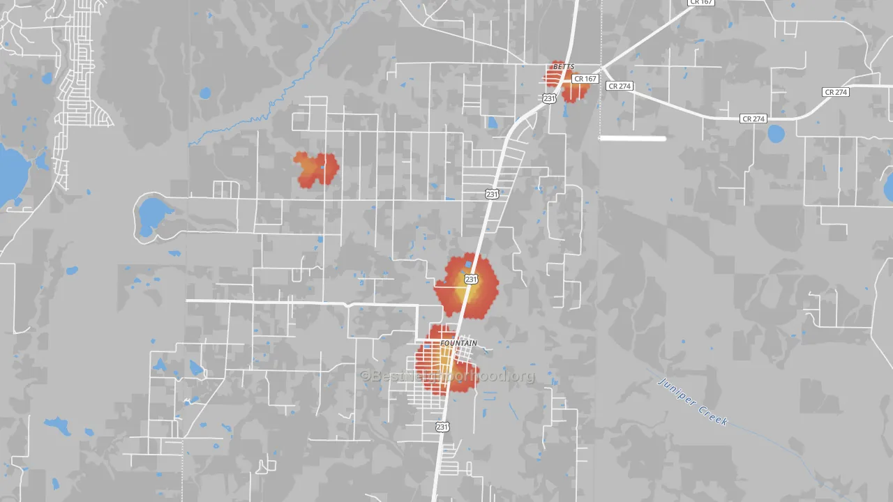 Walk Grade map of 32438, FL, walkable areas in green and car-dependent areas in red