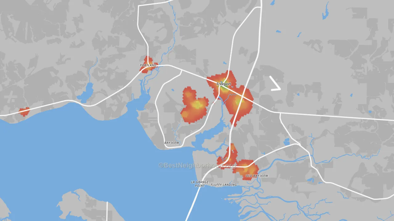 Walk Grade map of 32439, FL, walkable areas in green and car-dependent areas in red