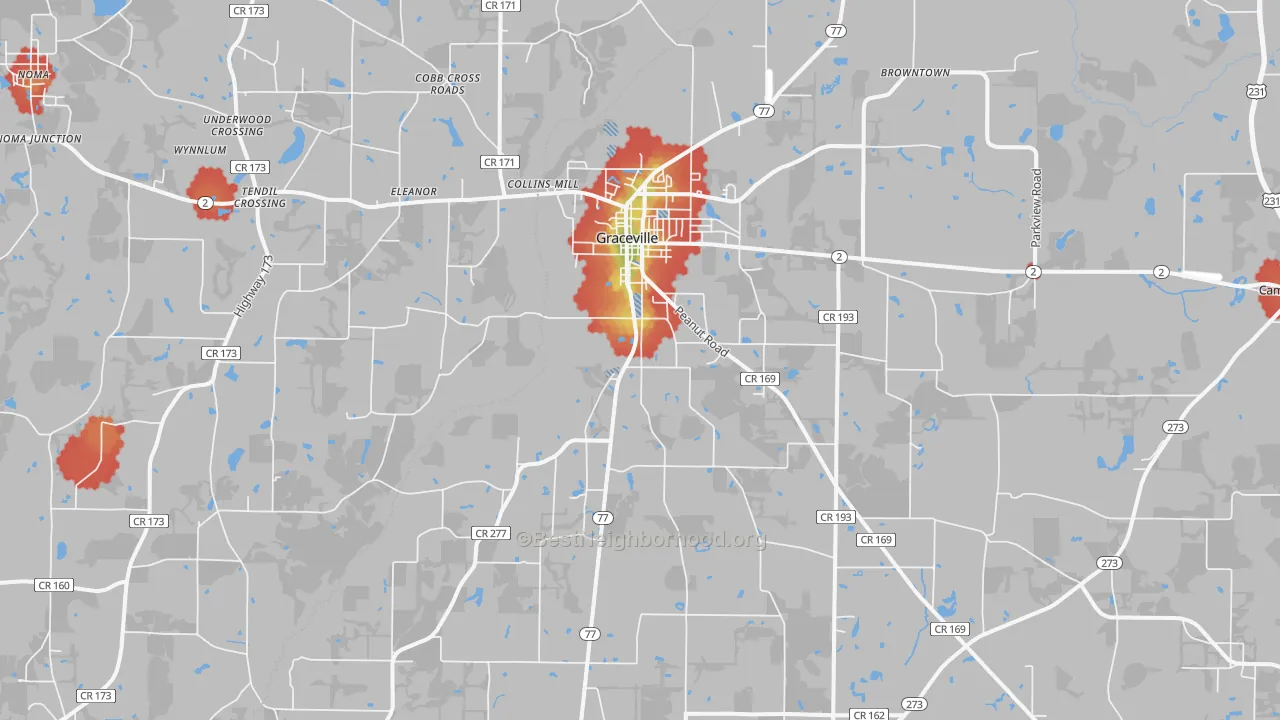 Walk Grade map of 32440, FL, walkable areas in green and car-dependent areas in red