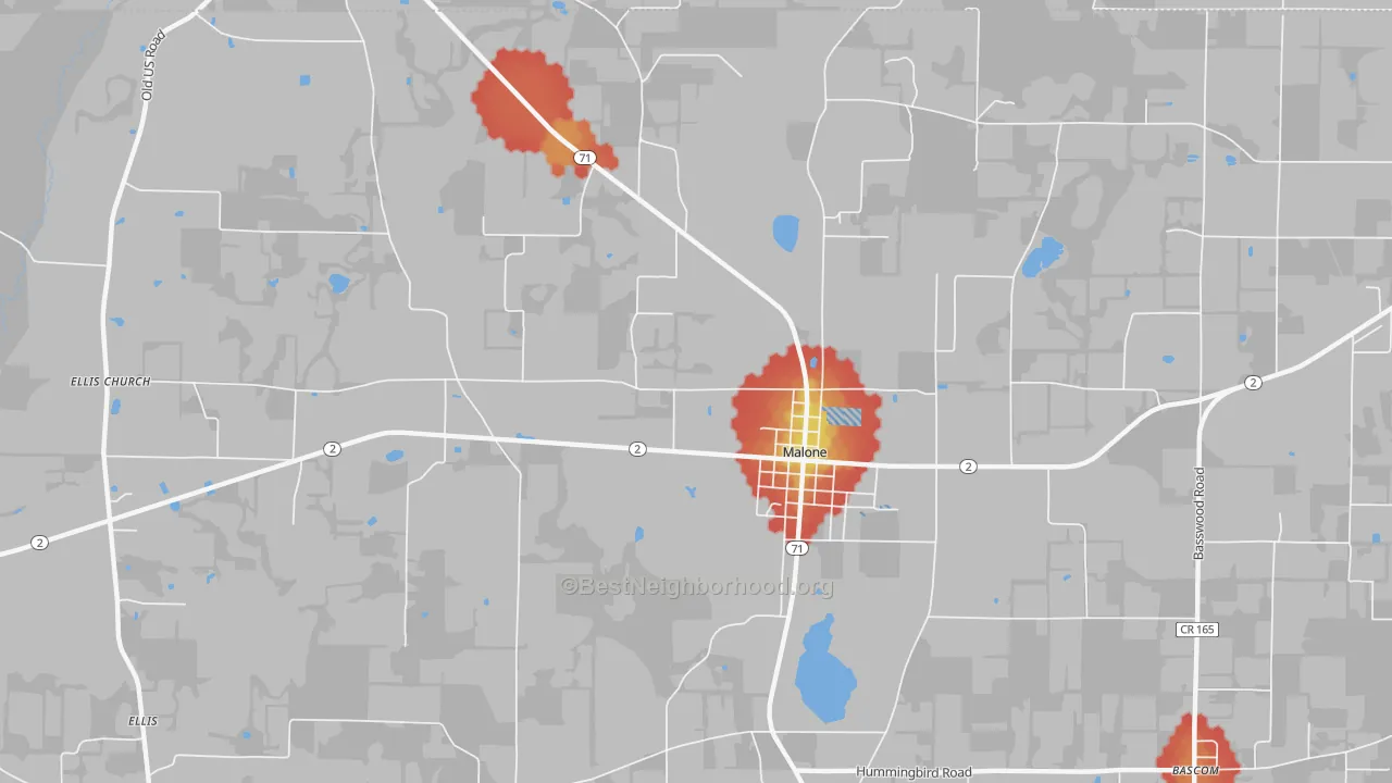 Walk Grade map of 32445, FL, walkable areas in green and car-dependent areas in red