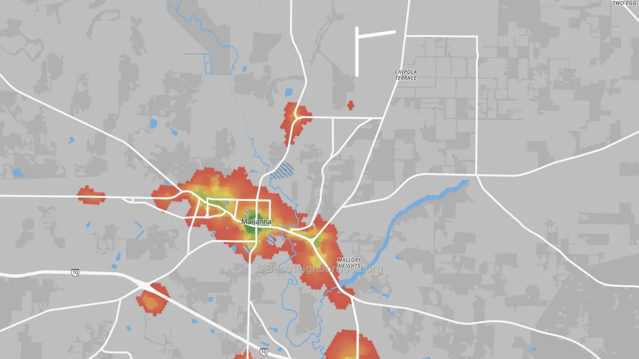 Walk Grade map of 32446, FL, walkable areas in green and car-dependent areas in red
