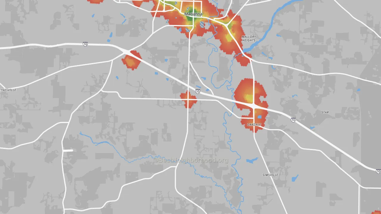 Walk Grade map of 32448, FL, walkable areas in green and car-dependent areas in red
