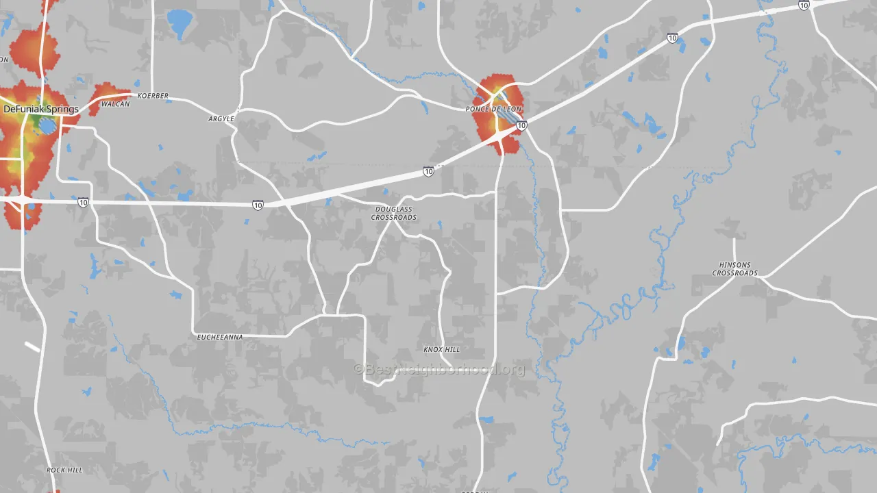 Walk Grade map of 32455, FL, walkable areas in green and car-dependent areas in red