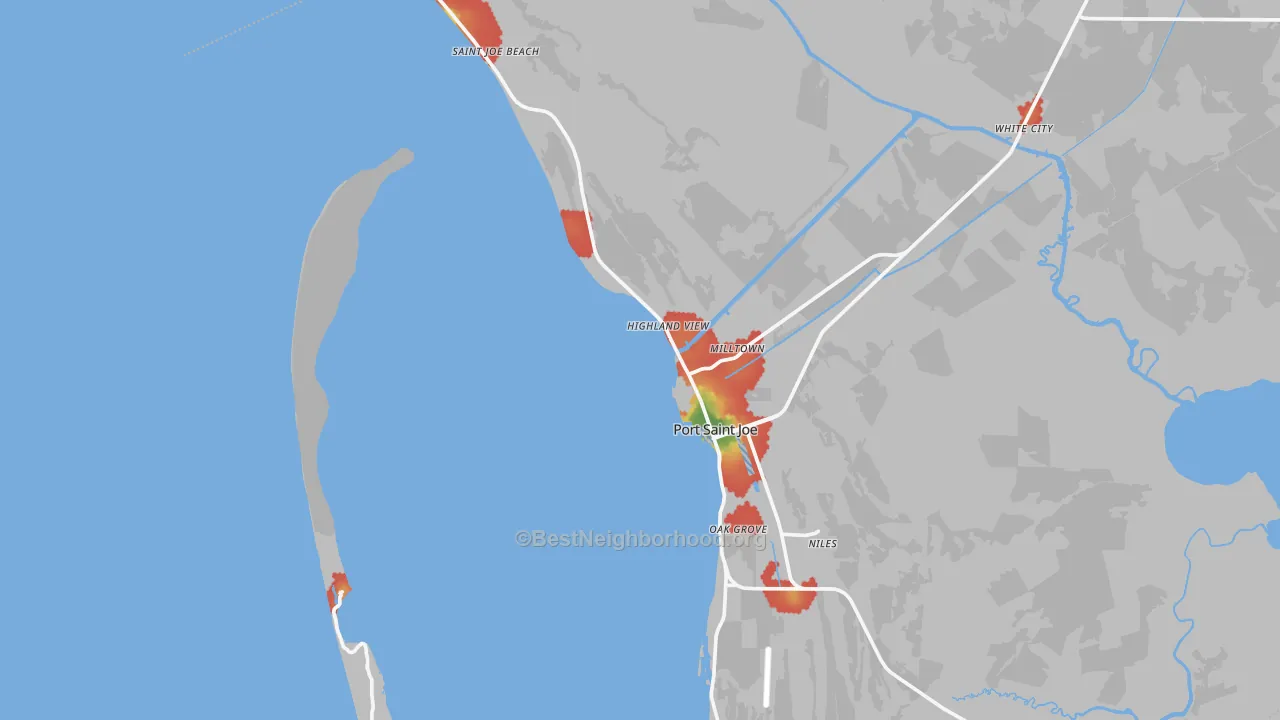 Walk Grade map of 32456, FL, walkable areas in green and car-dependent areas in red