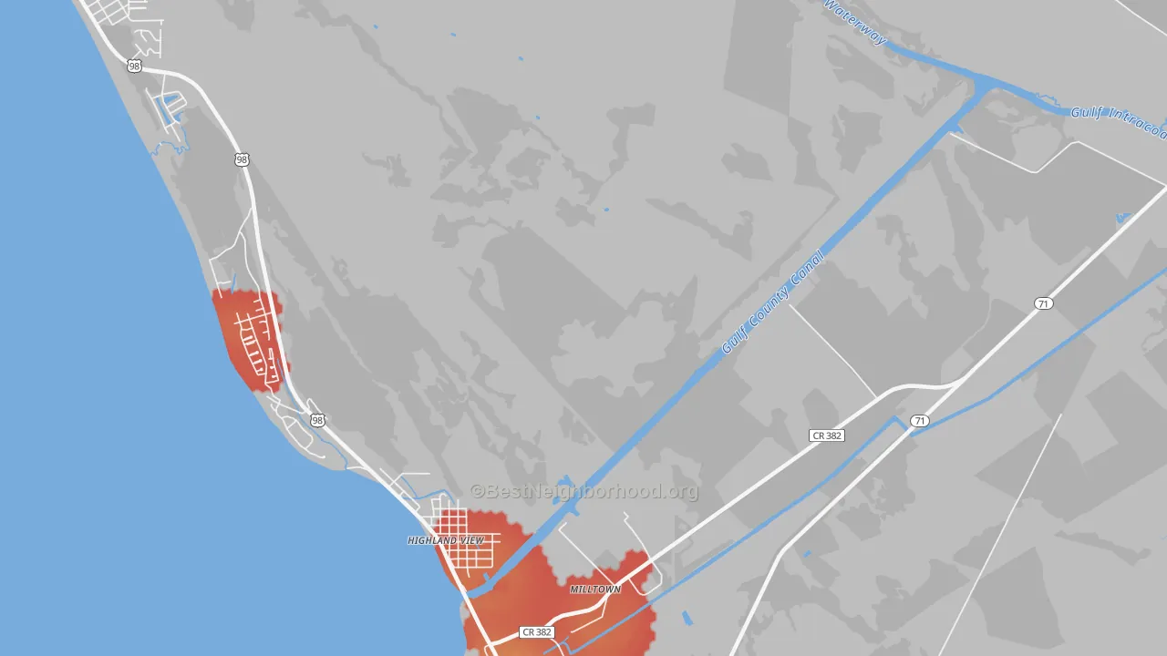 Walk Grade map of 32457, FL, walkable areas in green and car-dependent areas in red