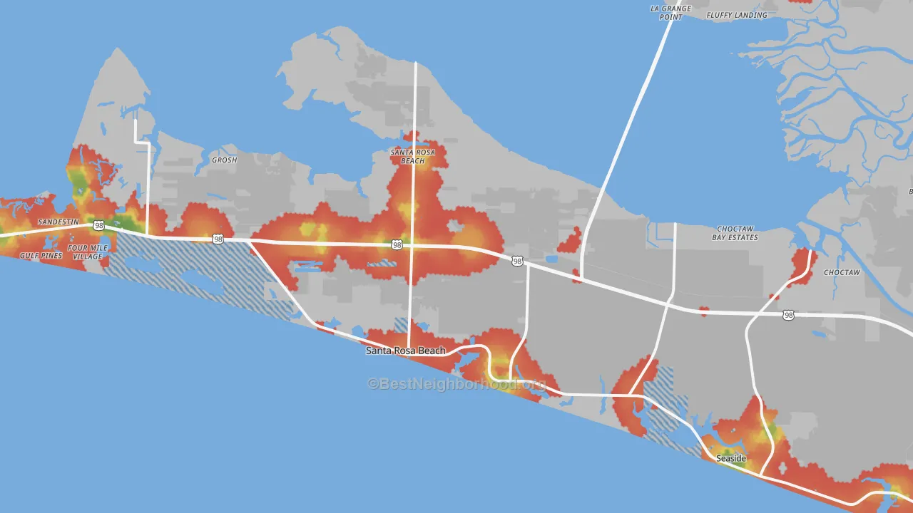 Walk Grade map of 32459, FL, walkable areas in green and car-dependent areas in red