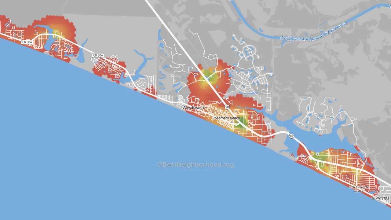 Walk Grade map of 32461, FL, walkable areas in green and car-dependent areas in red