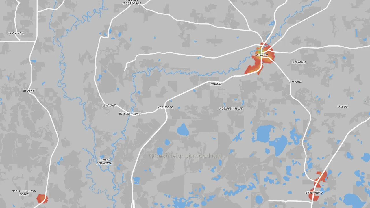 Walk Grade map of 32462, FL, walkable areas in green and car-dependent areas in red