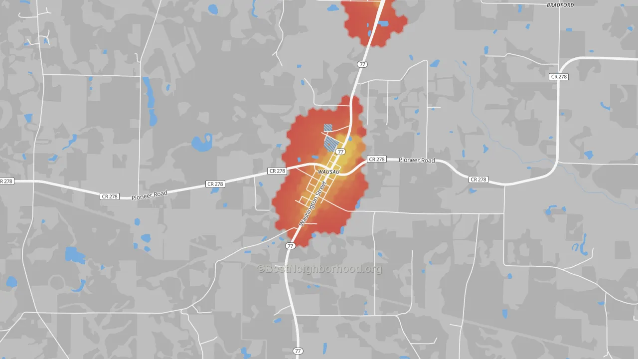 Walk Grade map of 32463, FL, walkable areas in green and car-dependent areas in red