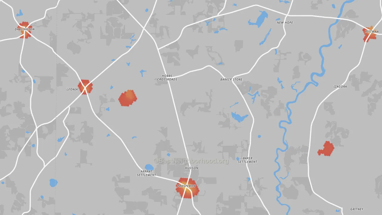 Walk Grade map of 32464, FL, walkable areas in green and car-dependent areas in red