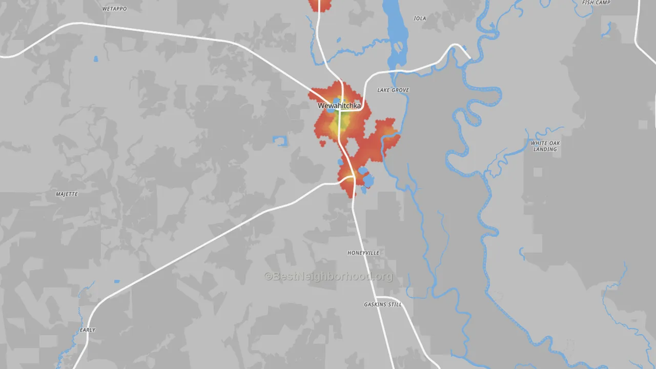 Walk Grade map of 32465, FL, walkable areas in green and car-dependent areas in red