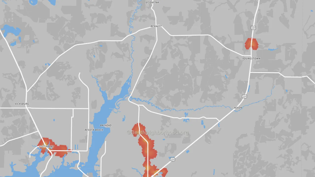 Walk Grade map of 32466, FL, walkable areas in green and car-dependent areas in red