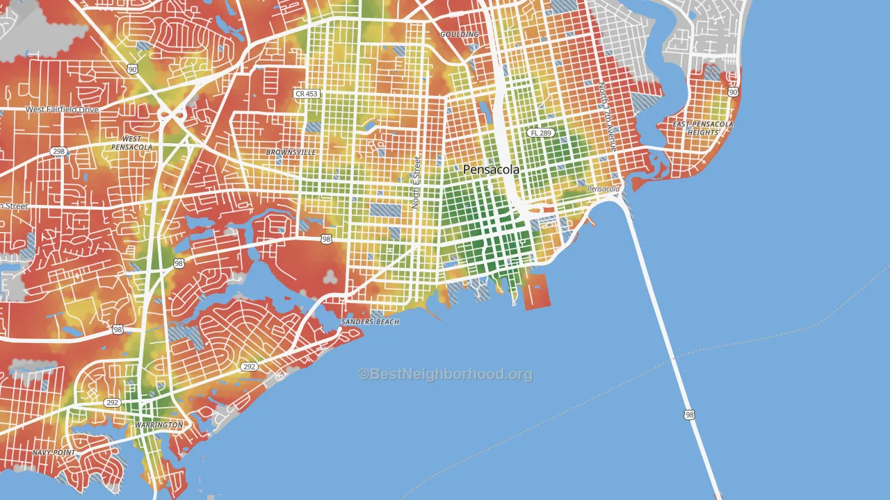 Walk Grade map of 32502, FL, walkable areas in green and car-dependent areas in red