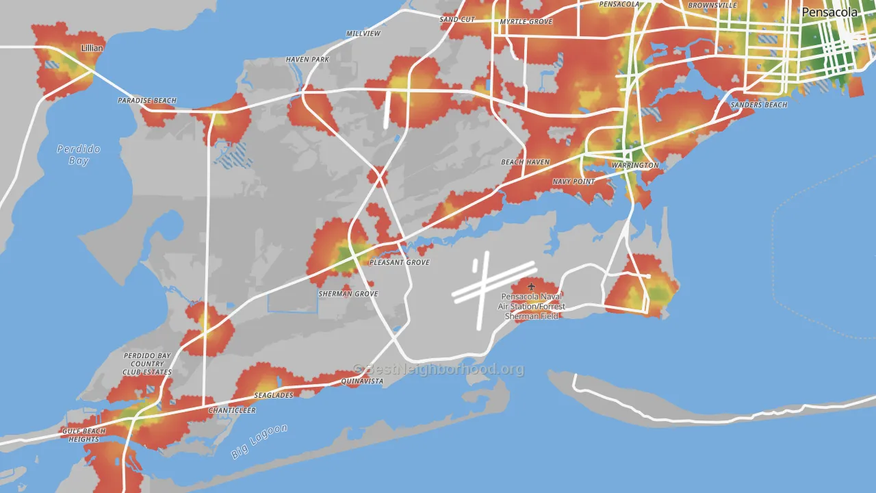 Walk Grade map of 32507, FL, walkable areas in green and car-dependent areas in red