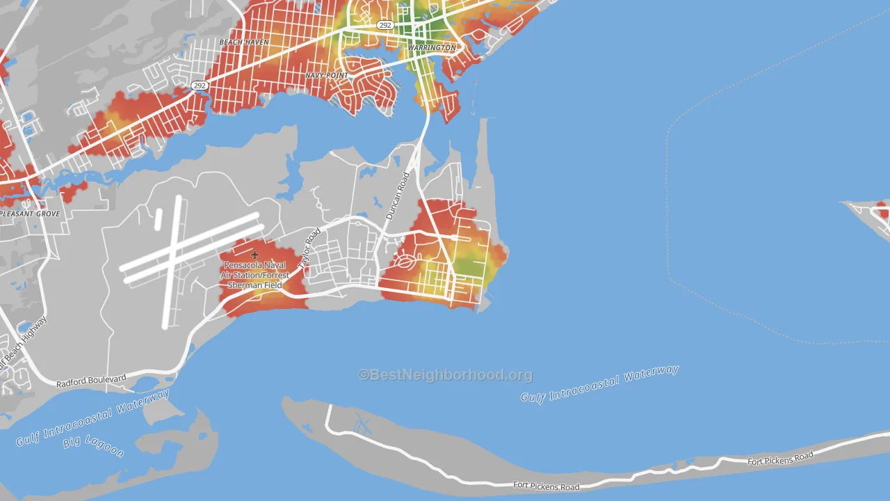 Walk Grade map of 32508, FL, walkable areas in green and car-dependent areas in red