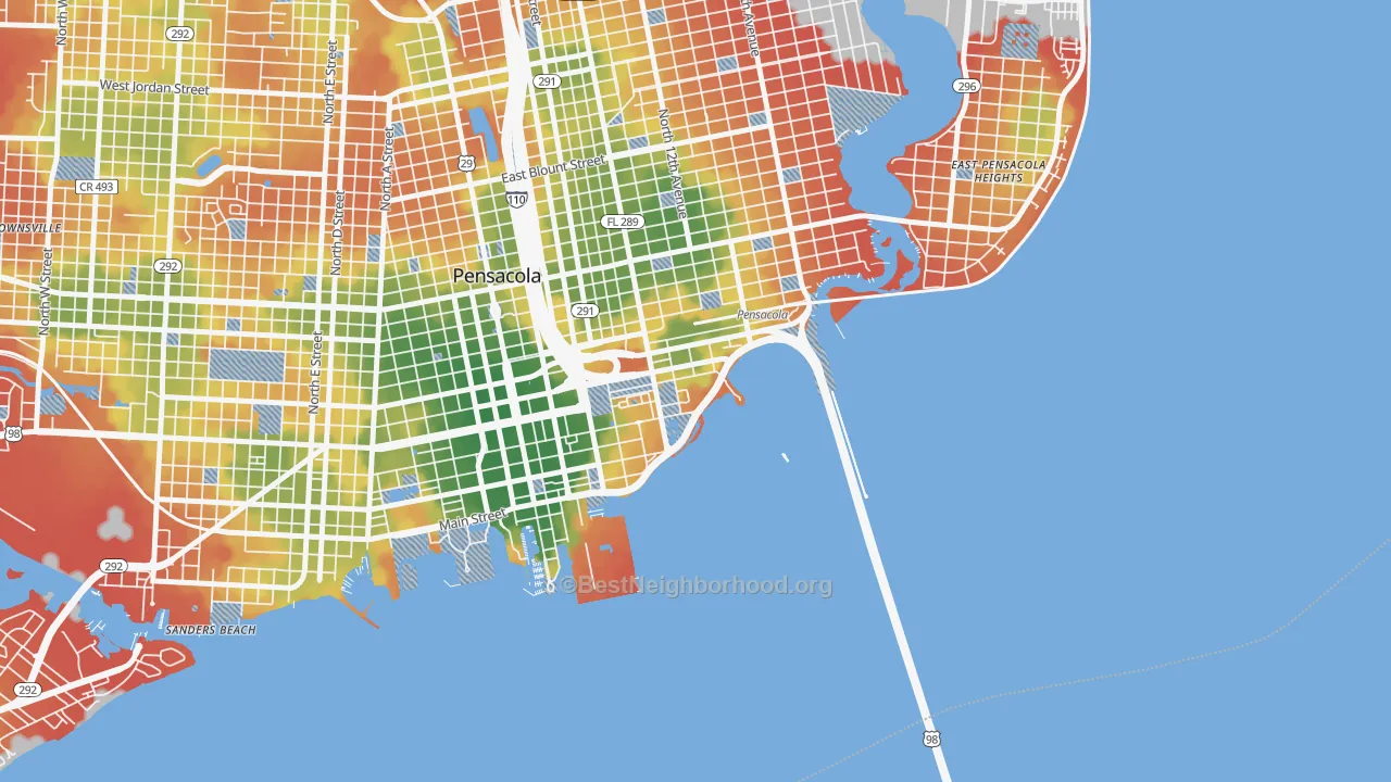 Walk Grade map of 32520, FL, walkable areas in green and car-dependent areas in red