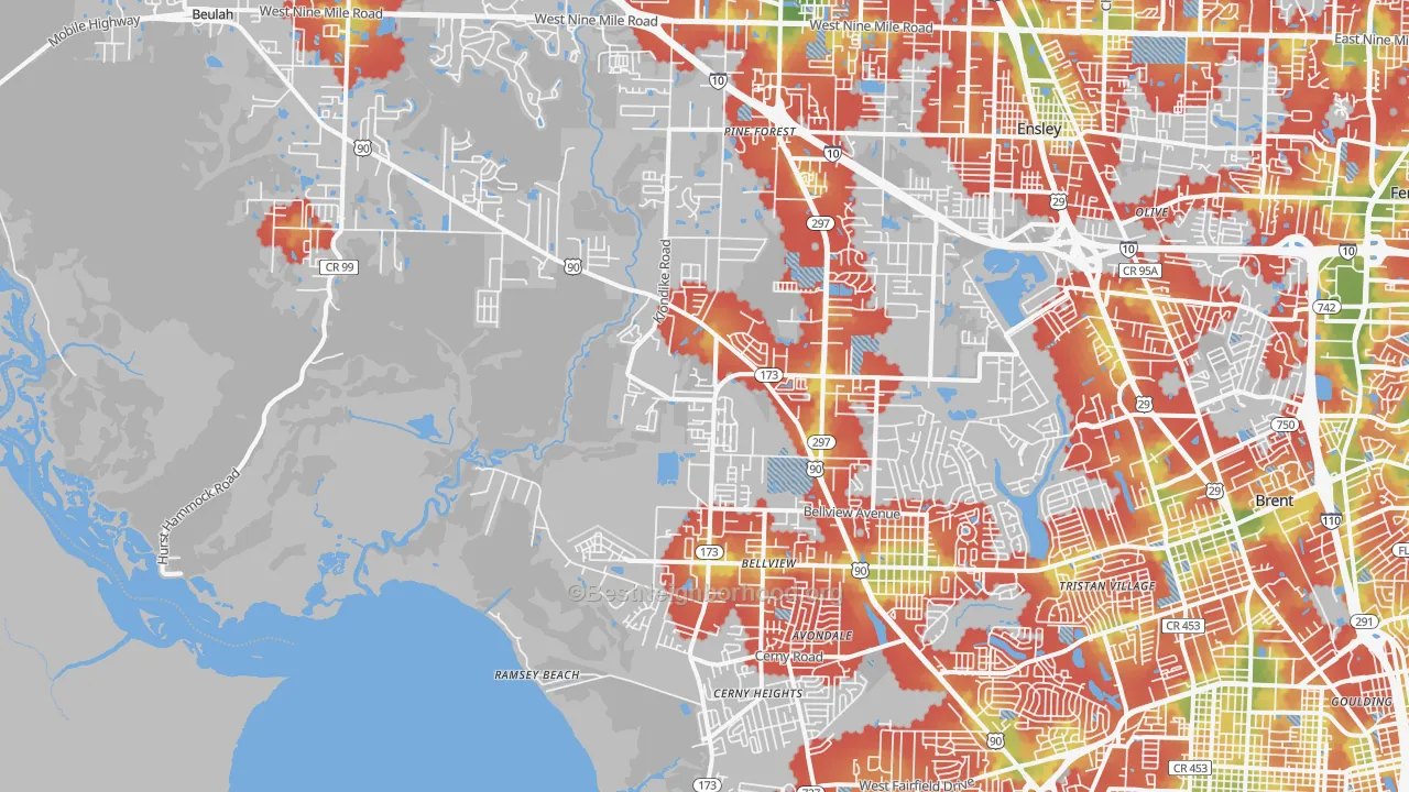 Walk Grade map of 32526, FL, walkable areas in green and car-dependent areas in red