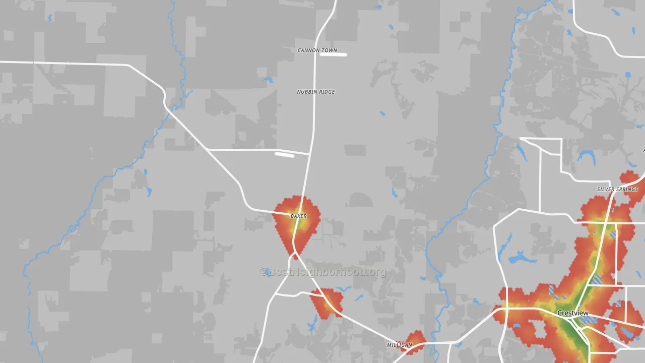 Walk Grade map of 32531, FL, walkable areas in green and car-dependent areas in red