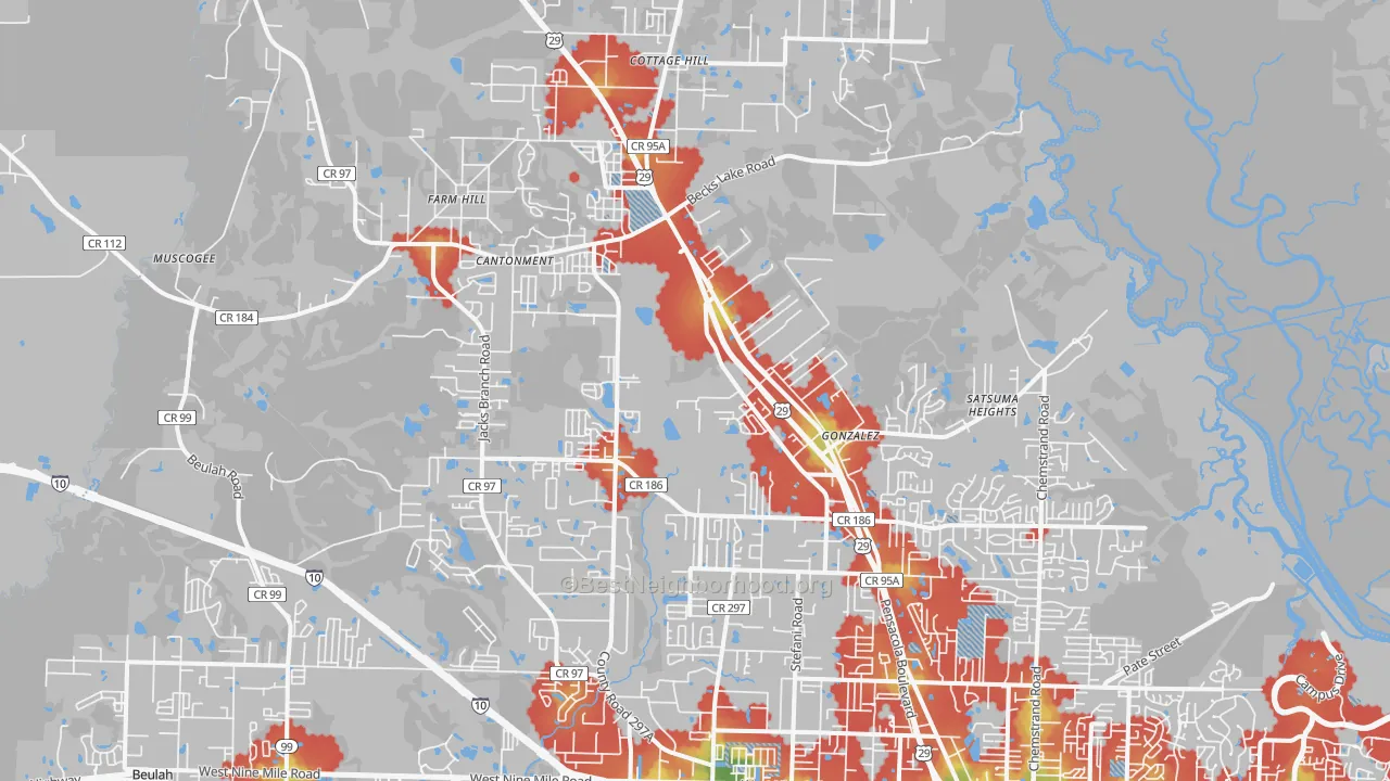 Walk Grade map of 32533, FL, walkable areas in green and car-dependent areas in red