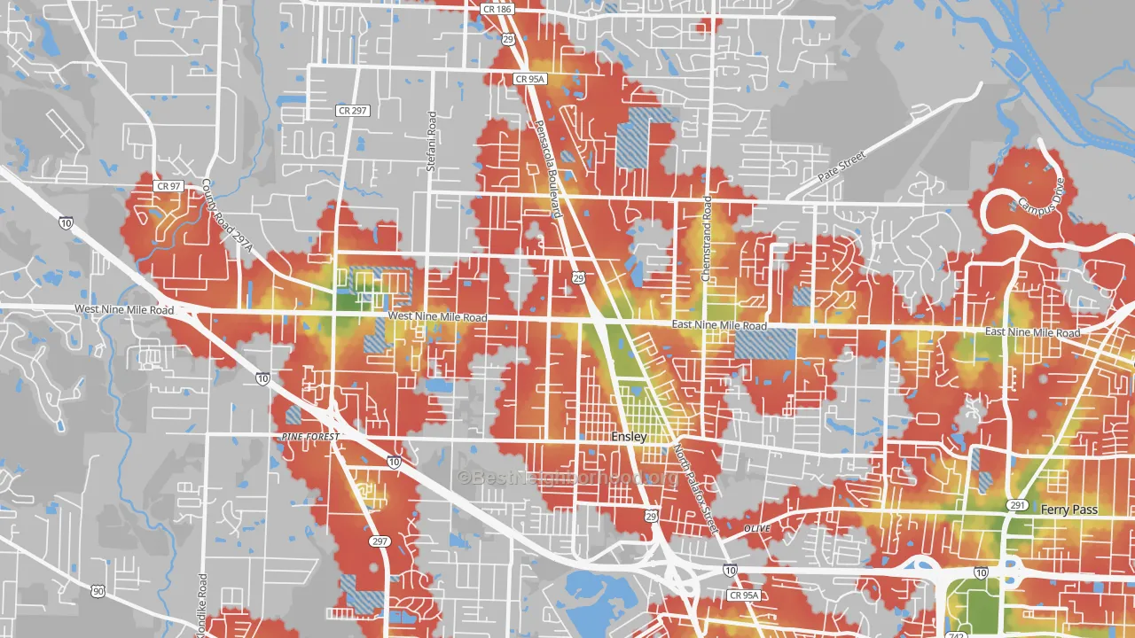 Walk Grade map of 32534, FL, walkable areas in green and car-dependent areas in red