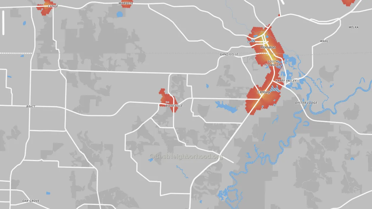 Walk Grade map of 32535, FL, walkable areas in green and car-dependent areas in red