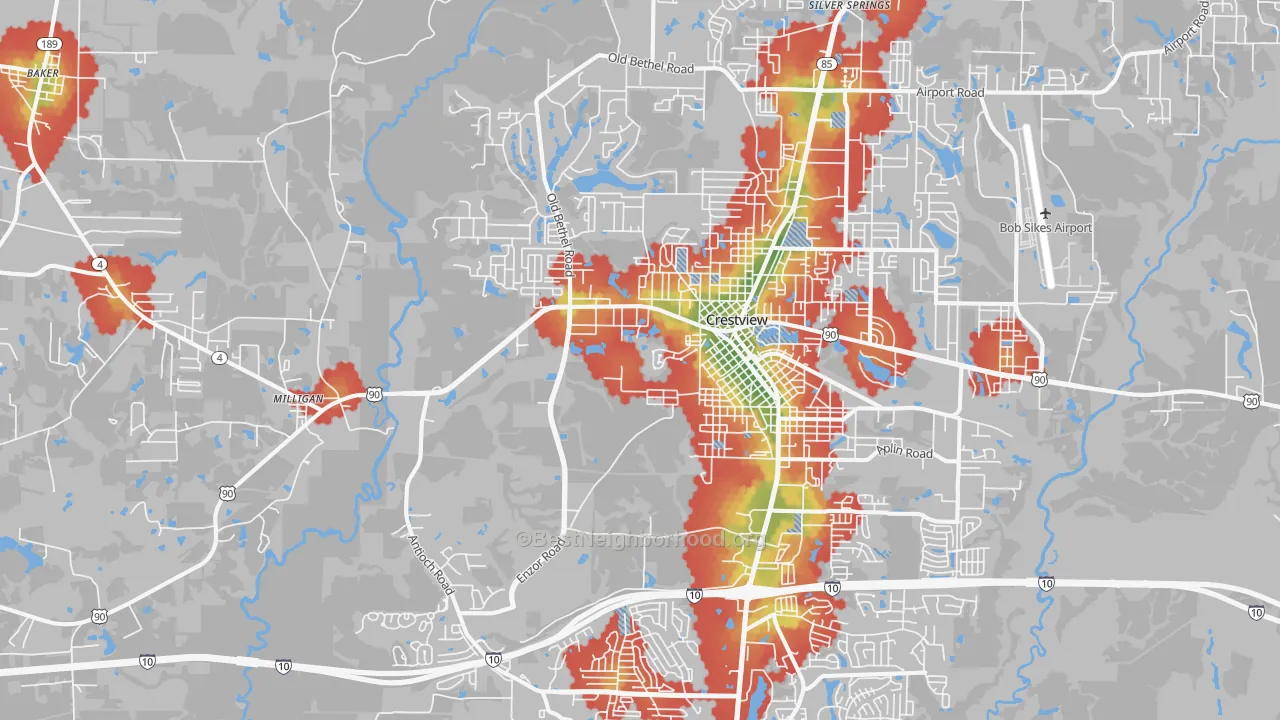 Walk Grade map of 32536, FL, walkable areas in green and car-dependent areas in red