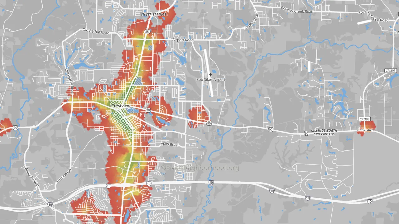 Walk Grade map of 32539, FL, walkable areas in green and car-dependent areas in red