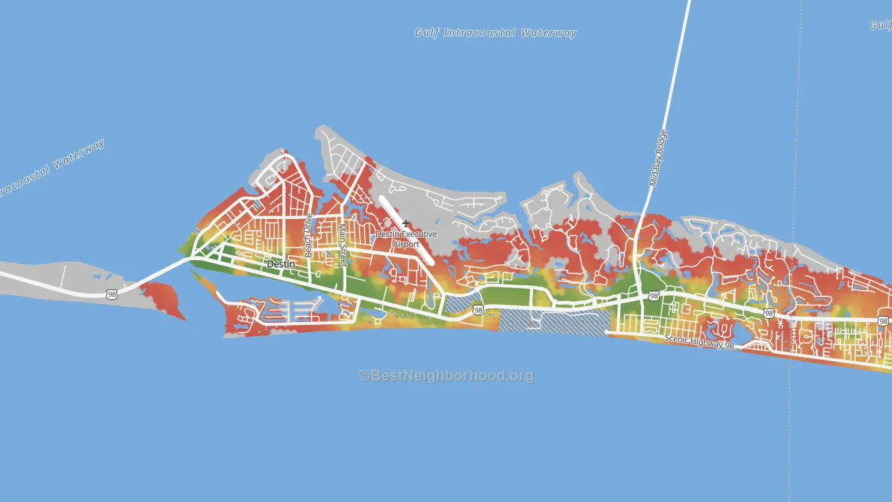 Walk Grade map of 32541, FL, walkable areas in green and car-dependent areas in red