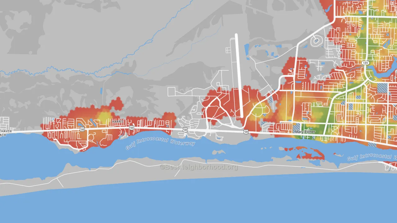 Walk Grade map of 32544, FL, walkable areas in green and car-dependent areas in red