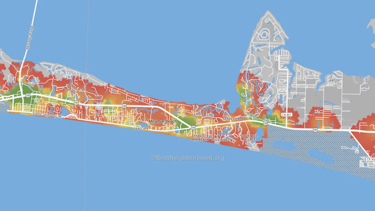 Walk Grade map of 32550, FL, walkable areas in green and car-dependent areas in red