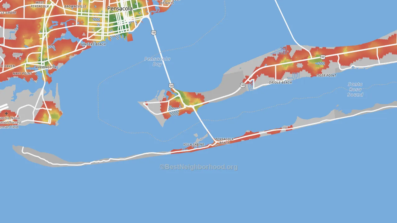 Walk Grade map of 32561, FL, walkable areas in green and car-dependent areas in red