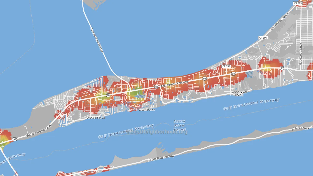 Walk Grade map of 32563, FL, walkable areas in green and car-dependent areas in red