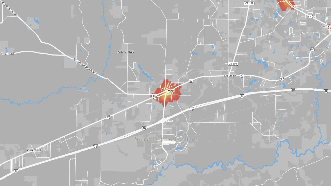 Walk Grade map of 32564, FL, walkable areas in green and car-dependent areas in red