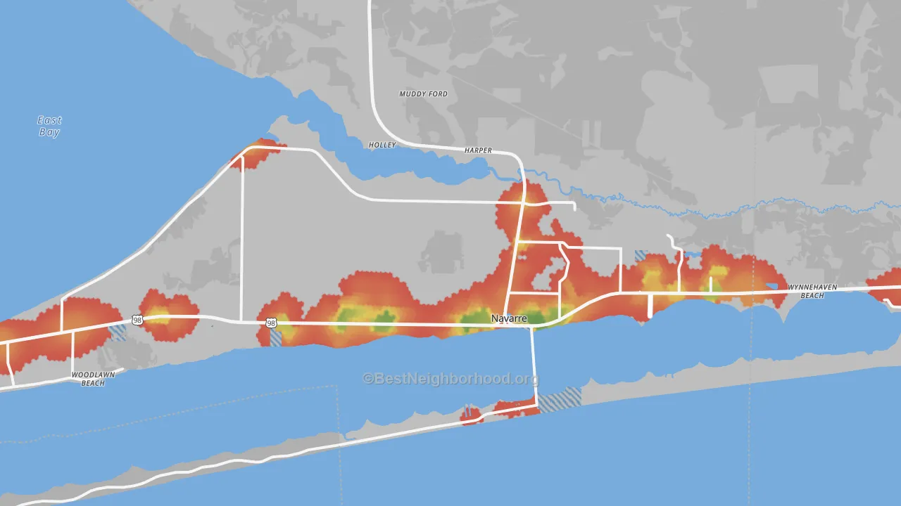 Walk Grade map of 32566, FL, walkable areas in green and car-dependent areas in red