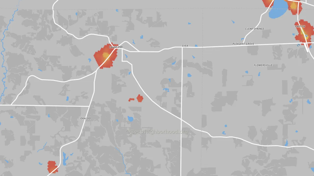 Walk Grade map of 32567, FL, walkable areas in green and car-dependent areas in red