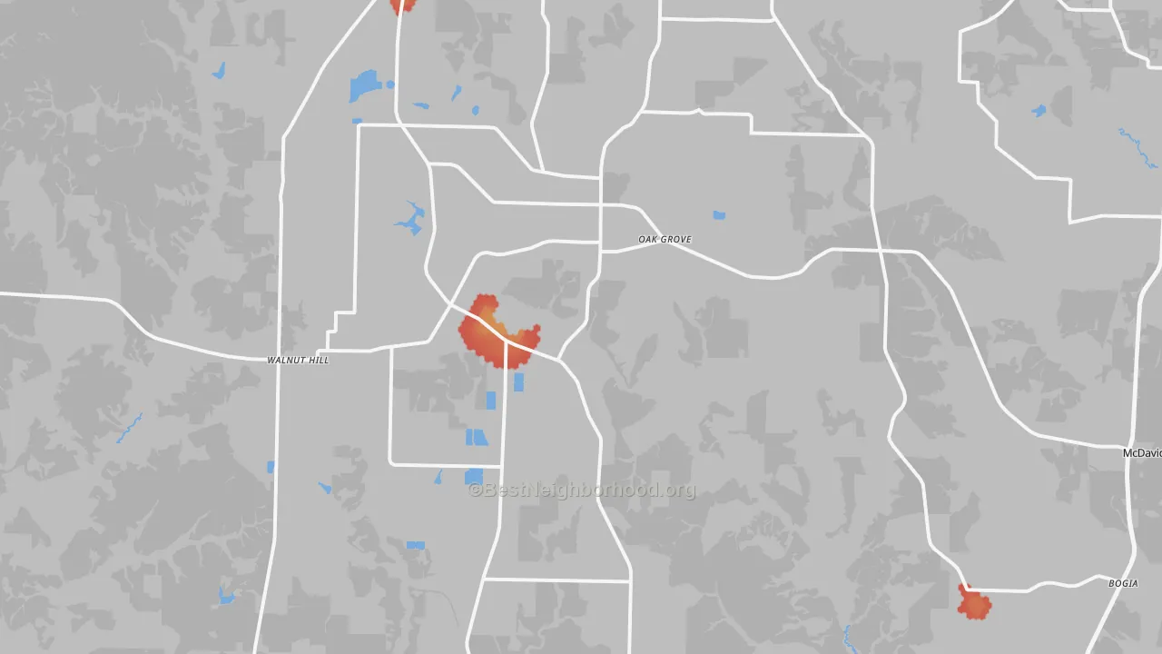 Walk Grade map of 32568, FL, walkable areas in green and car-dependent areas in red