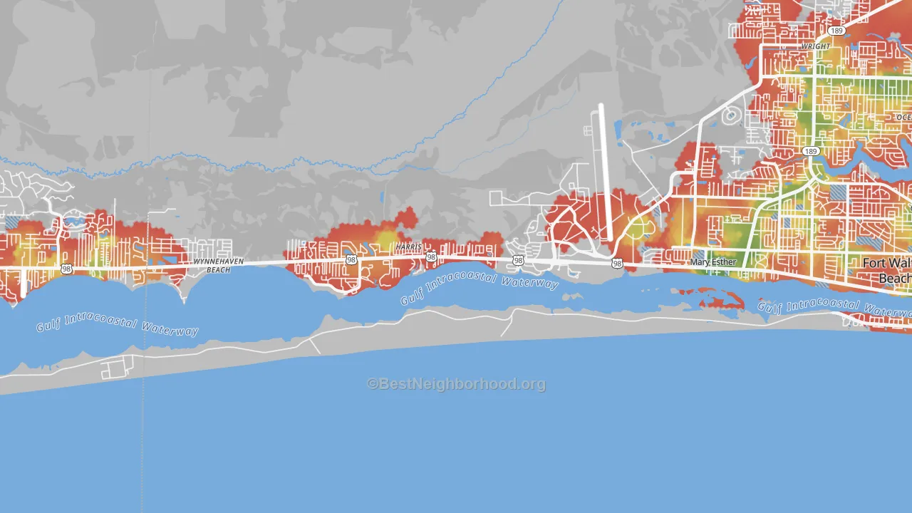 Walk Grade map of 32569, FL, walkable areas in green and car-dependent areas in red