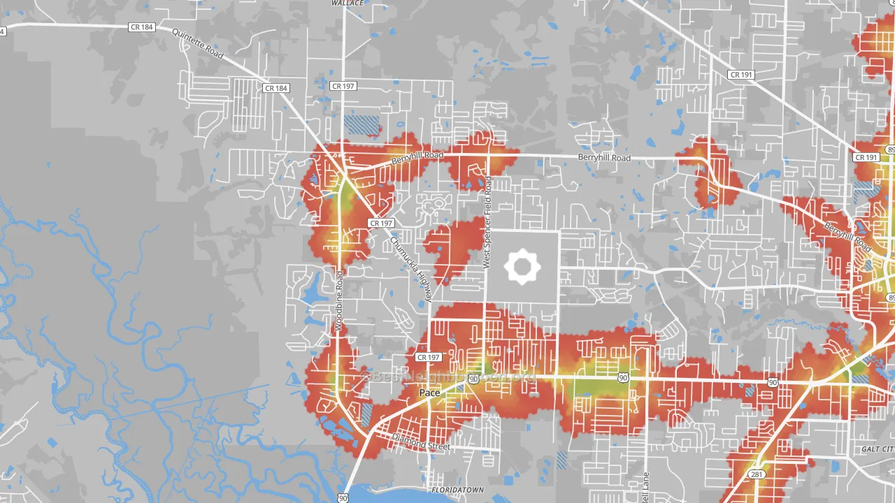 Walk Grade map of 32571, FL, walkable areas in green and car-dependent areas in red