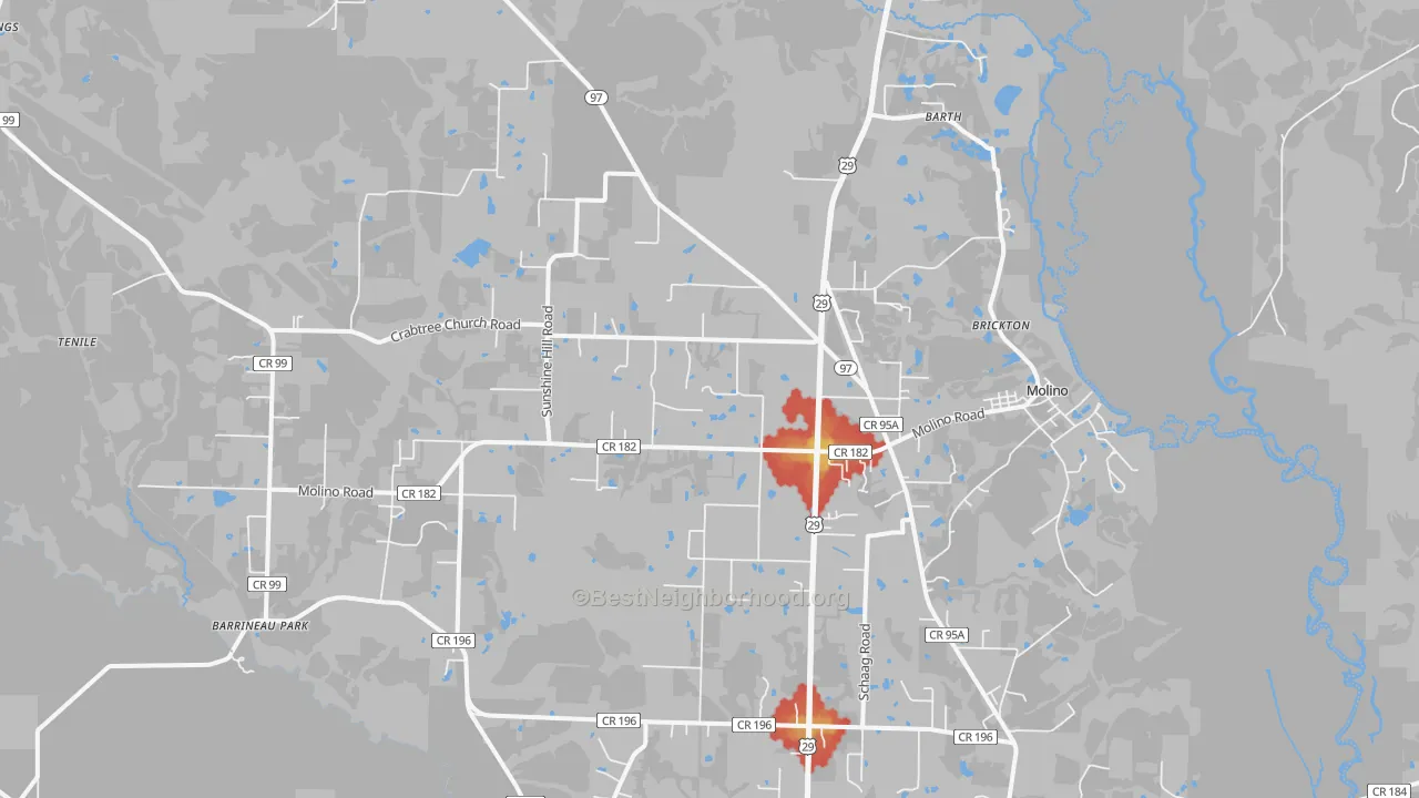 Walk Grade map of 32577, FL, walkable areas in green and car-dependent areas in red