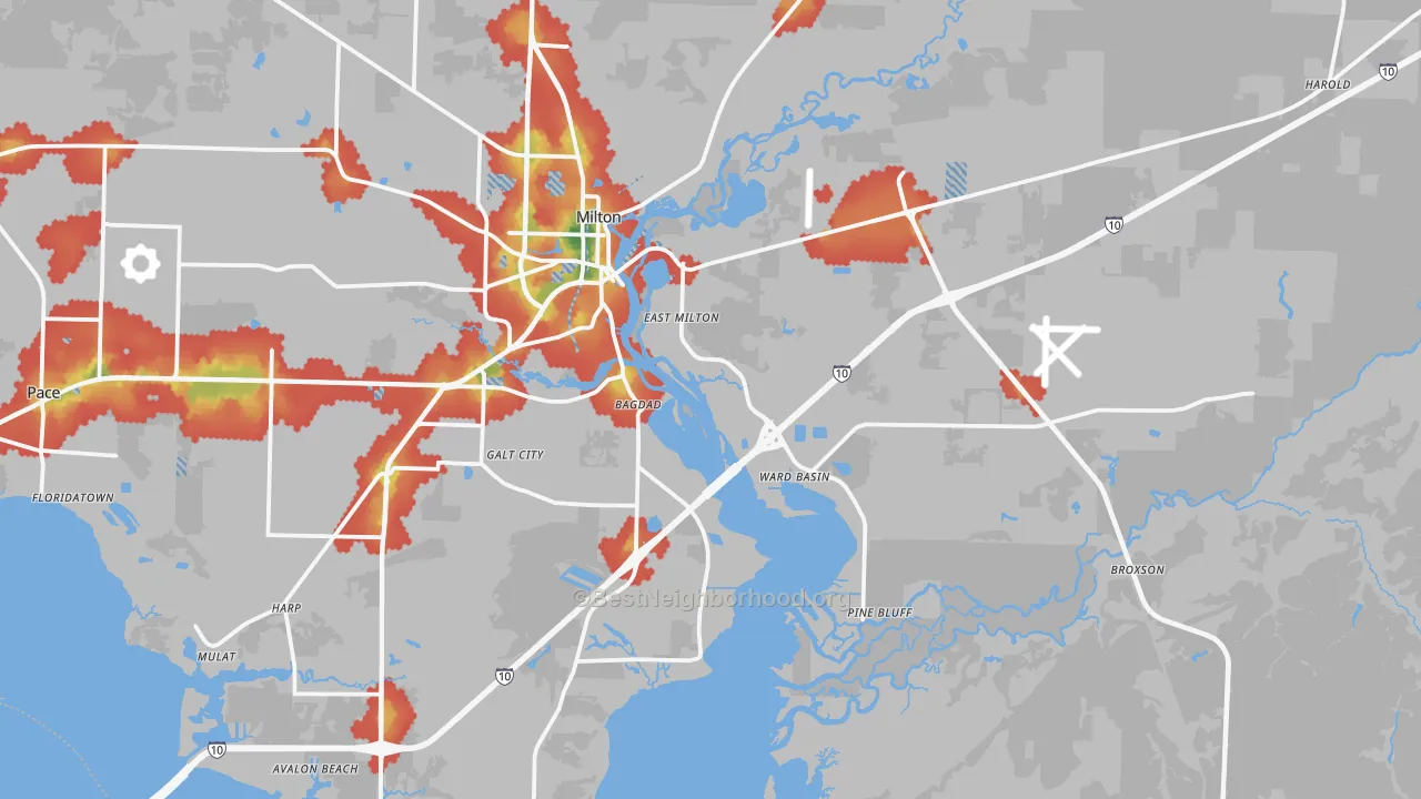 Walk Grade map of 32583, FL, walkable areas in green and car-dependent areas in red