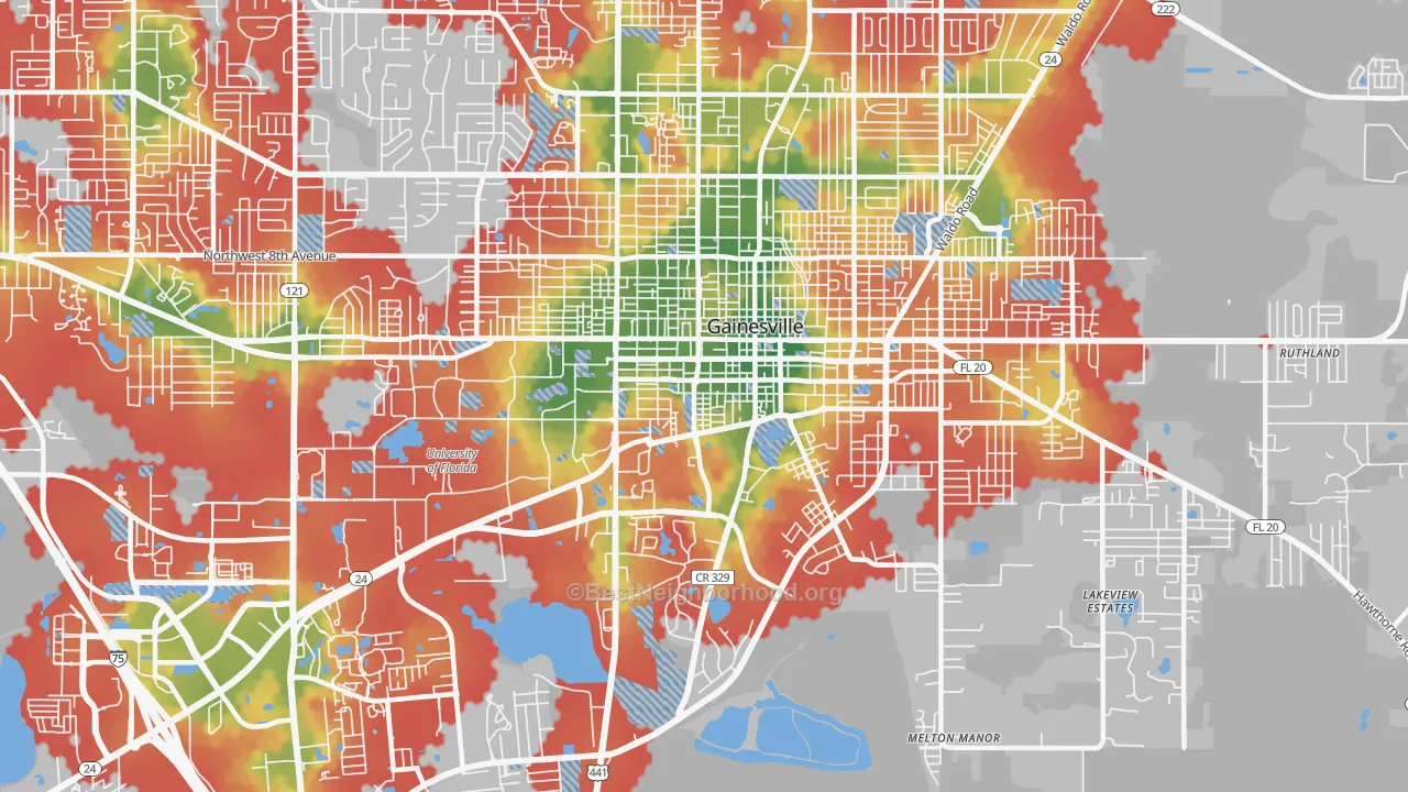 Walk Grade map of 32601, FL, walkable areas in green and car-dependent areas in red