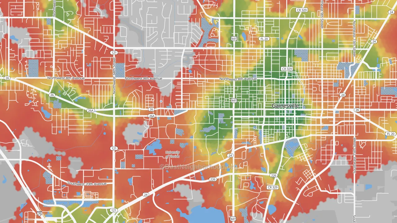 Walk Grade map of 32603, FL, walkable areas in green and car-dependent areas in red